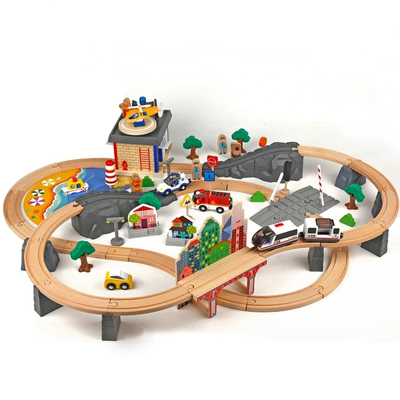 ACOOLTOY xe điện bằng gỗ sạc tàu gỗ theo dõi phù hợp 3-8 tuổi đồ chơi trẻ em món quà sáu mốt Đồ chơi bằng gỗ
