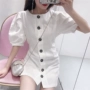 Đơn ngực cao thắt lưng mỏng một- dòng váy nữ váy ngắn 2018 mùa hè mới Hàn Quốc ngắn tay cổ tròn mỏng váy đầm xòe đẹp