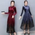Plus size phụ nữ 2020 mùa thu mới ren xếp ly cổ điển váy nhung dài tay váy chữ a mỏng mảnh mai - A-Line Váy
