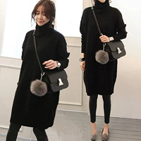 Phụ nữ mang thai áo len nữ mùa thu đông mặc phiên bản Hàn Quốc của váy bà bầu đầm rộng cổ cao áo len dày dài thời trang bà bầu mùa hè