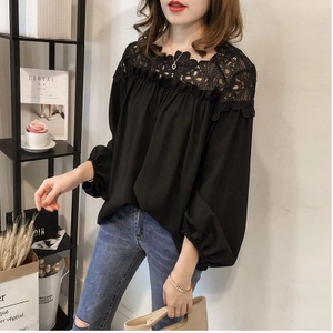 Mùa hè phụ nữ mới của Hàn Quốc thời trang móc hoa rỗng ren khâu đèn lồng tay áo voan áo sơ mi nữ dài tay lỏng áo sơ mi