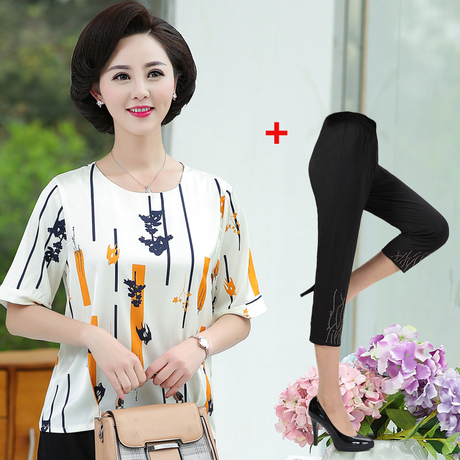 中年妈妈夏装时尚套装两件套2019新款中老年人女装短袖洋气上衣服