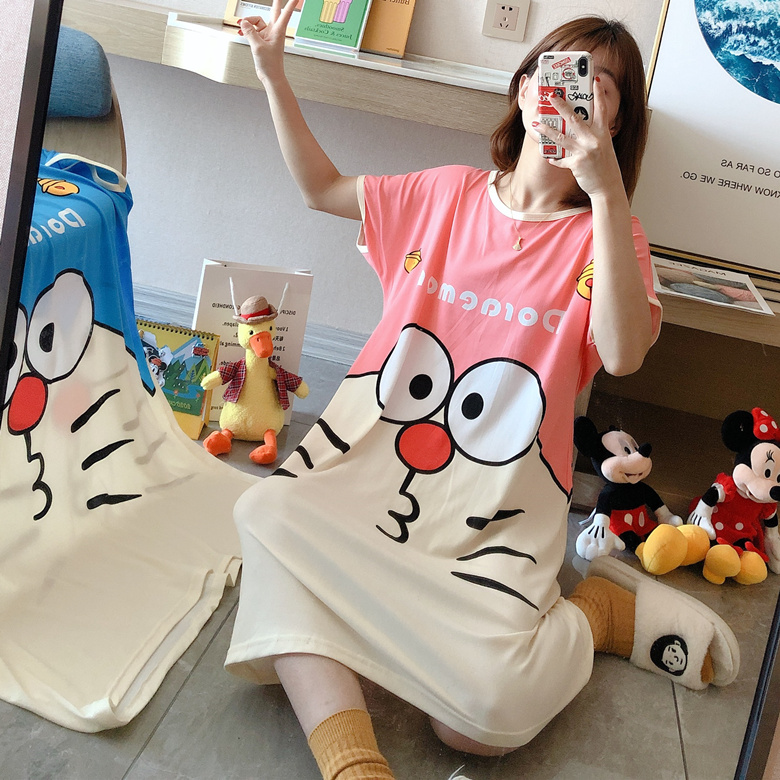 Pink Face SkirtNightdress female summer Thin Short sleeve pure cotton Princess style Korean version easy Big size pregnant woman pajamas Spring and autumn days leisure wear