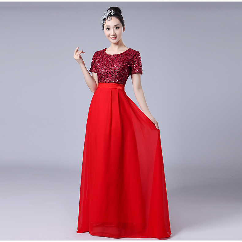 Evening dress, long skirt, red suit, for middle age, with short sleeve