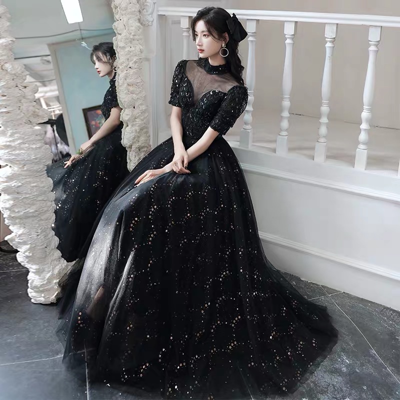 Evening dress, autumn long small princess costume, black skirt, 2021 collection, fitted Evening dress, autumn long small princess costume, black skirt, 2021 collection, fitted