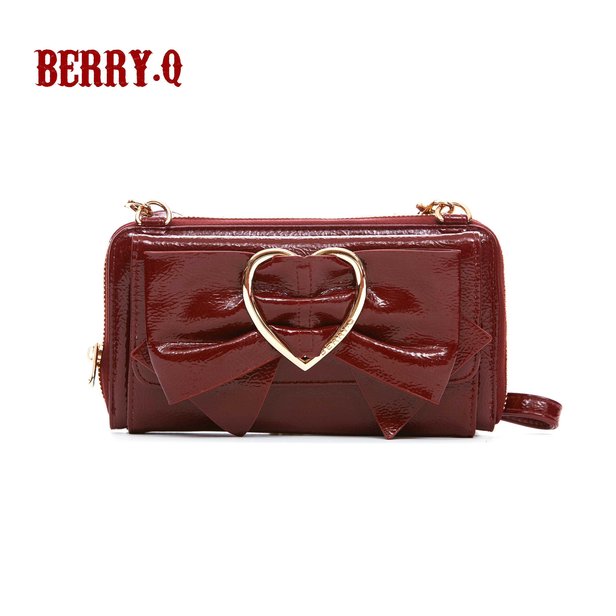 Strawberry RedBQ-COCO- Patent leather Melon lines bow Handbag Messenger coin purse Mobile phone bag Card bag lolita hold in the hand