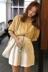 Hàn Quốc phiên bản của chic nhỏ vuông cổ áo kẻ sọc đơn ngực phun tay áo + thường cao eo hoa 苞 quần short phù hợp với phụ nữ kiểu đồ bộ Bộ đồ