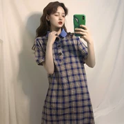 Xia 2018 mới của phụ nữ dài váy kiểm tra ngắn tay áo váy eo lỏng kẻ sọc váy polo cổ áo váy thủy triều