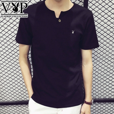 Playboy mùa hè ngắn tay t-shirt nam Hàn Quốc phiên bản của xu hướng của bông nam từ bi màu rắn POLO áo V-Cổ đáy áo áo phông nam hàng hiệu Áo phông ngắn