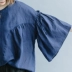 [清 濯] tòa án Retro lá sen lớn tay áo lỏng lẻo bông và vải lanh đầu mùa thu màu xanh hải quân áo sơ mi