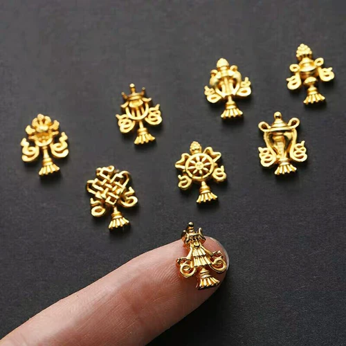 S999 Стерлинговое серебро восемь благоприятные украшения, покрытые 24K Золотые восемь сокровищ для манзы Тибетская статуя статуя Бутылки