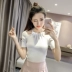 2017 mùa hè mới slim slimming khí treo cổ từ cổ áo sơ mi Hàn Quốc phiên bản của màu rắn dệt kim ngắn tay t-shirt phụ nữ Áo phông