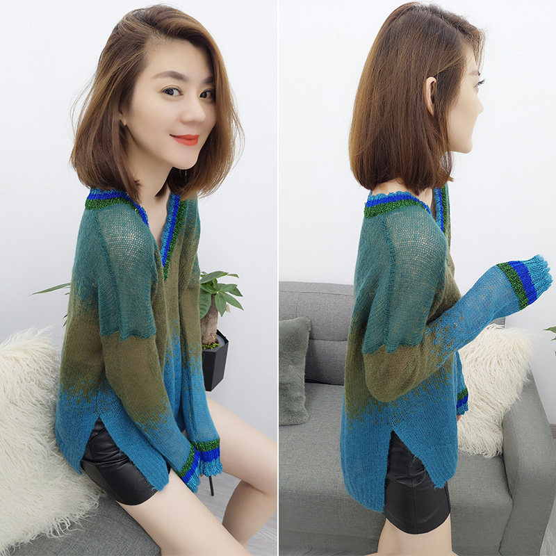 Phù hợp với màu sắc V-Cổ áo len mỏng đan lỏng side slit áo len 2018 Châu Âu mùa thu mới Châu Âu hàng hóa trạm thủy triều của phụ nữ quần áo