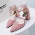 Mùa xuân và mùa thu Hàn Quốc Giày cao gót mũi nhọn với đôi giày đơn màu hồng ngọt ngào của phụ nữ dày có quai dép mùa hè dép crocs nữ Sandal