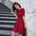 ◆ yang momo ◆ búp bê cổ áo đầm voan Hàn Quốc phiên bản của eo cao một từ màu đỏ polo cổ áo eo váy mùa hè đầm ngắn xòe A-Line Váy