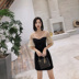 ◆ yang momo ◆ đầm ren Hàn Quốc cao eo ôm một từ váy đèn lồng tay áo màu đen khâu một bước váy váy xòe A-Line Váy