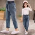 Quần bé gái 2019 mùa thu mới phiên bản Hàn Quốc của quần jeans nước ngoài Quần bé gái Quần bé gái hoa eo cao quần harem - Quần jean