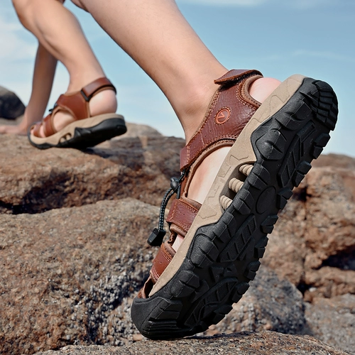 Мужские летние дышащие кожаные сандалии, нескользящая износостойкая пляжная обувь для отдыха