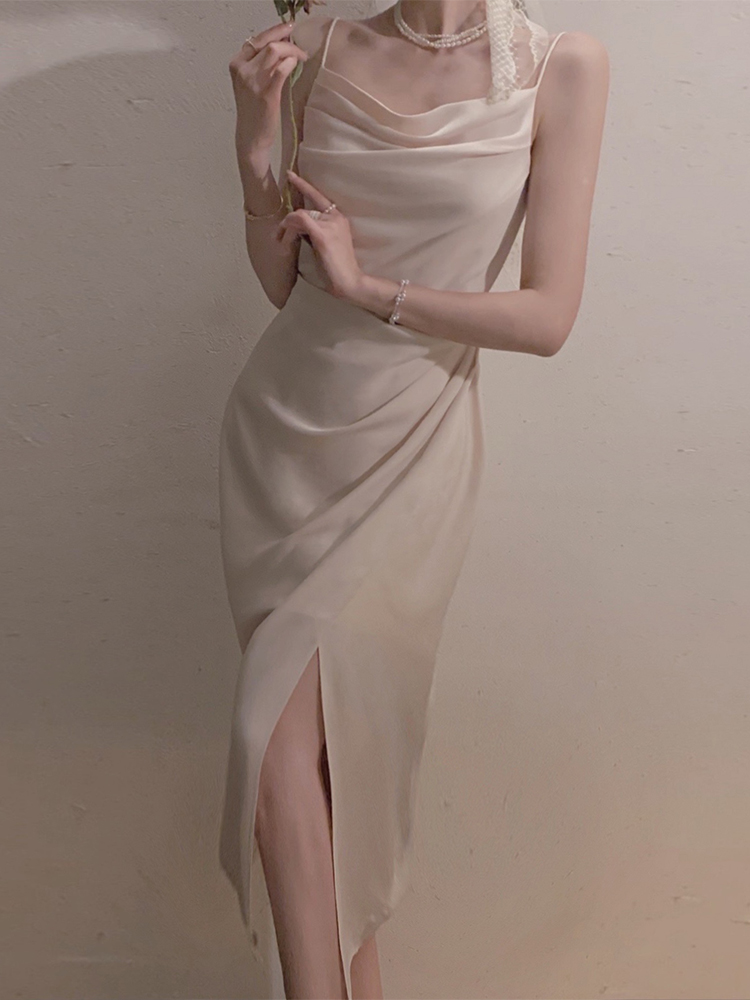 Vanilla Rice WhiteFrom one camisole Dress French 2021 summer new pattern Straight shoulder Advanced sense Minority Satin skirt female summer