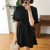 Liangliang nhà Hàn Quốc chic màu rắn hoang dã vòng cổ dây đeo eo giảm béo đoạn dài ngắn tay đầm nữ Váy eo cao