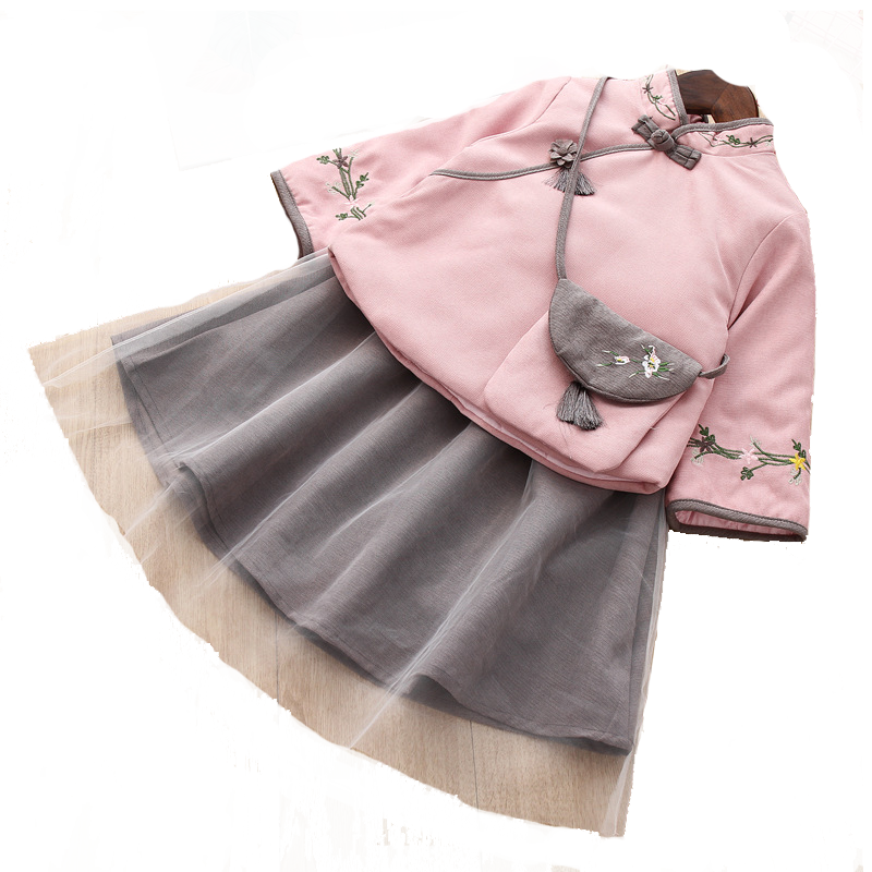 汉服女童襦裙秋冬加厚旗袍小套裙复古风儿童唐装裙加绒幼儿表演服