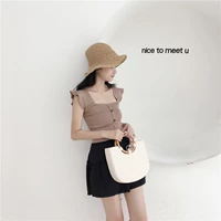 Han phong chic đơn ngực ngắn rộng sling vuông cổ áo ống đầu một cổ áo hai mặc áo gi lê đan là áo mỏng áo kiểu nữ