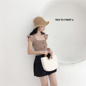 Han phong chic đơn ngực ngắn rộng sling vuông cổ áo ống đầu một cổ áo hai mặc áo gi lê đan là áo mỏng