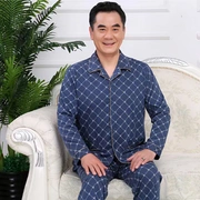 Bộ đồ ngủ tối màu cho nam Cotton dài tay cho nam trung niên và ông già già cực lớn Kích thước cotton mùa xuân và mùa thu đông