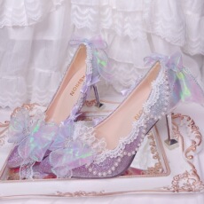 Обувь 少女心lolita手作尖头优雅华丽高跟lo鞋紫蓝色梦幻人鱼玩偶花嫁鞋