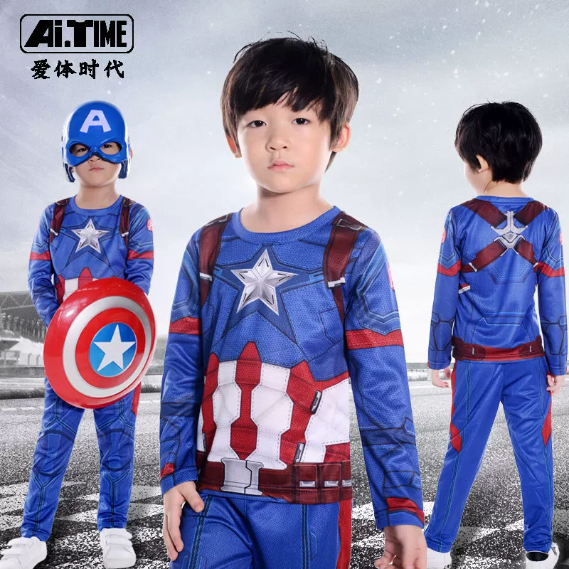 Bộ đồ trẻ em của Captain America Bộ quần áo trẻ em Bộ đồ dài cho bé trai mùa xuân nhanh khô thoáng khí Quần áo biểu diễn cho trẻ em - Phù hợp với trẻ em