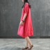 Cami mưa mới retro linen dress ladies ngắn tay chéo còng khóa thêu lỏng phần dài Một từ váy mẫu váy nhung xòe A-Line Váy