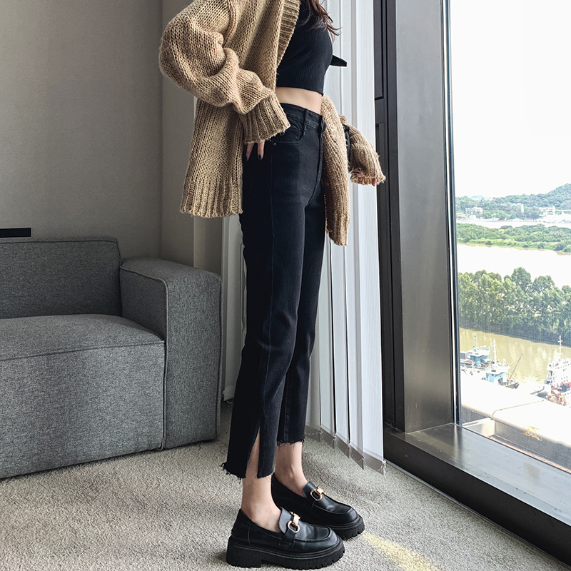 韩国黑色直筒开叉牛仔裤女2022年秋季设计感九分小个子显瘦烟管裤