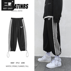 ins風潮流條紋休閒褲男生寬鬆bf風九分衛褲黑色抽繩束腳運動褲子