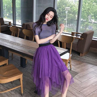Mùa hè Hàn Quốc kic phần mỏng màu đan áo sơ mi ngắn tay + không thường xuyên nhiều lớp lưới cao eo váy