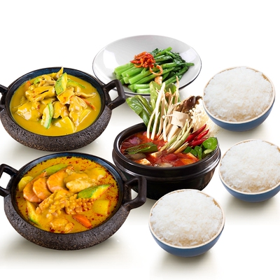 [Блюдо на троих] Морепродукты карри + Курица карри + Грибной суп + Овощи – не забудьте