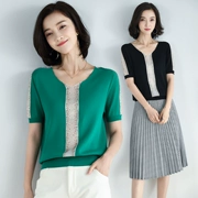 Áo len nữ mùa hè nữ mới phần mỏng tay ngắn Phiên bản Hàn Quốc của áo len hoang dã áo len ngắn mùa xuân - Áo len cổ chữ V