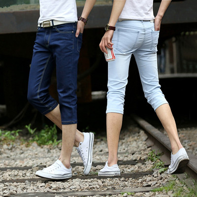 Mùa hè của nam giới Hàn Quốc phiên bản của quần short denim mỏng nam thẳng phần mỏng bảy điểm jeans stretch casual 7 quần Cao bồi