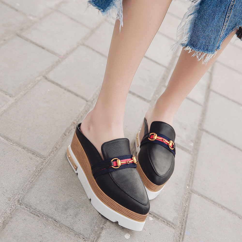 韩版英伦风松糕鞋女厚底防水台坡跟尖头包头拖鞋套脚高跟女鞋潮