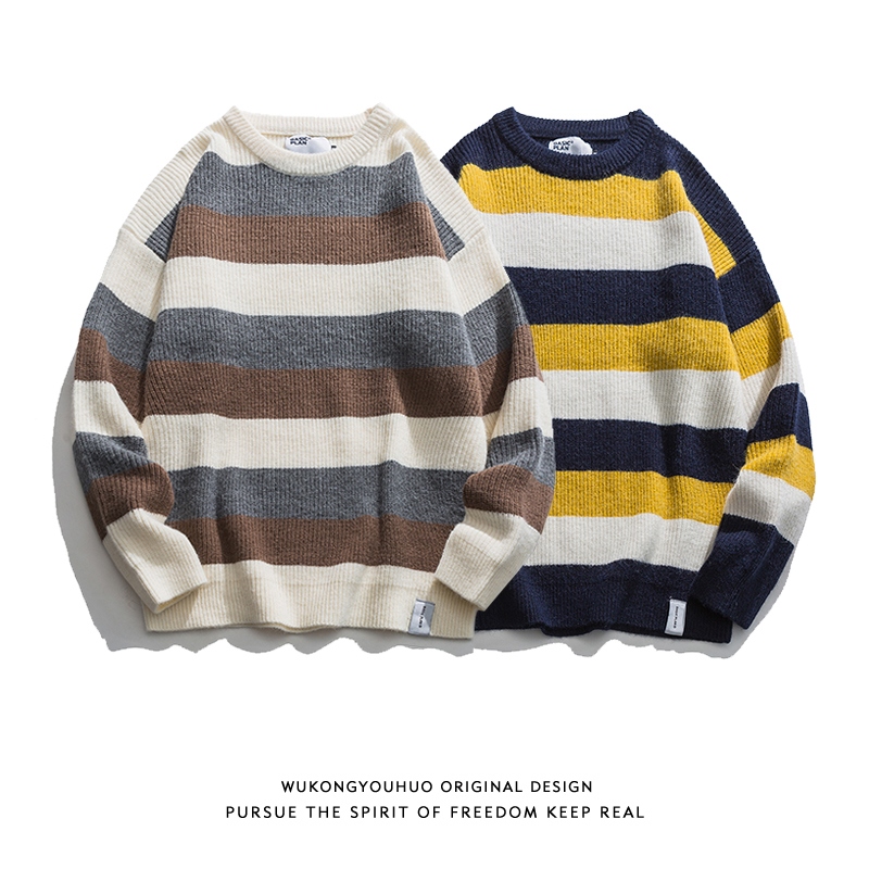 Japanese Vintage striped knitwear sweater men's fashion brand loose BF college style couple Pullover