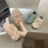 Домашние демисезонные нескользящие удерживающие тепло милые женские тапочки с бантиком на платформе