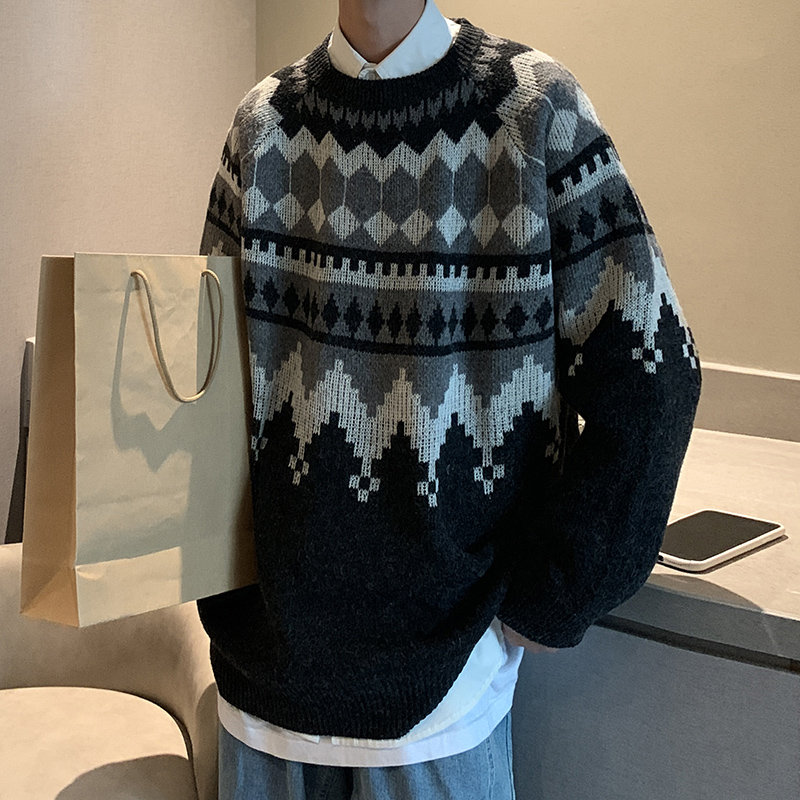 Thick winter sweater men's Korean fashion personality trendy diamond knitwear ins Hong Kong Style loose and lazy coat
