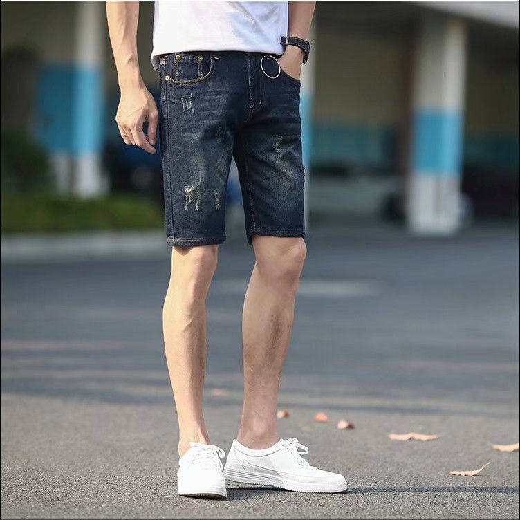 Summer thin stretch denim shorts, men's ripped slimming straight leg, 5-inch mid-length youth pants, men's 5-inch casual horse pants details Picture
