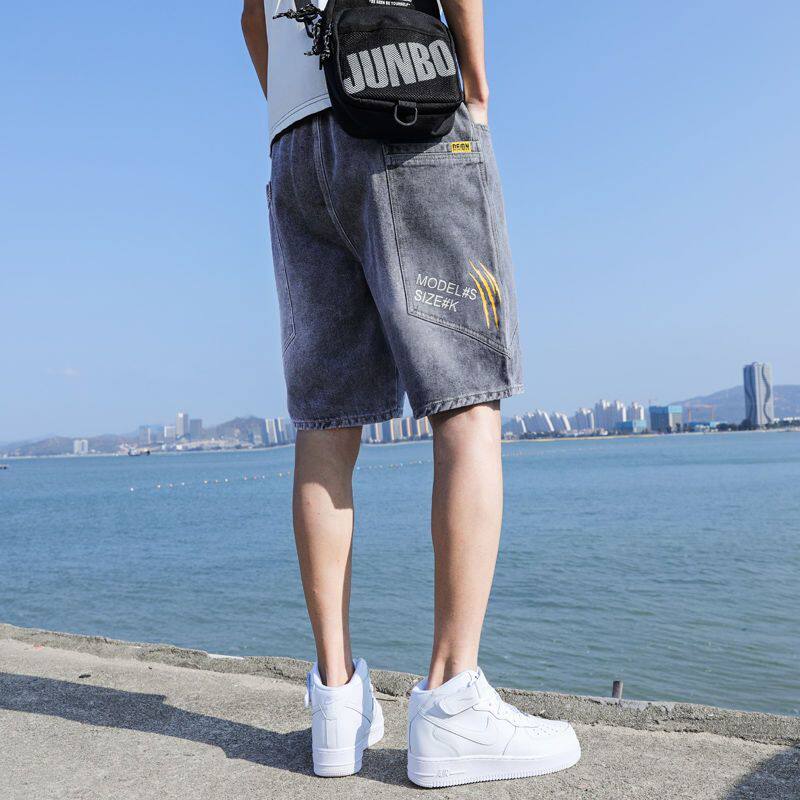 Men's summer thin, loose, straight-leg Korean style trendy casual wear 5-inch summer mid-length jeans Specification image