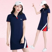 Authentic Yian tuyết mùa hè mới ve áo ngắn tay phụ nữ mỏng thể thao giản dị váy tennis váy lông - Trang phục thể thao