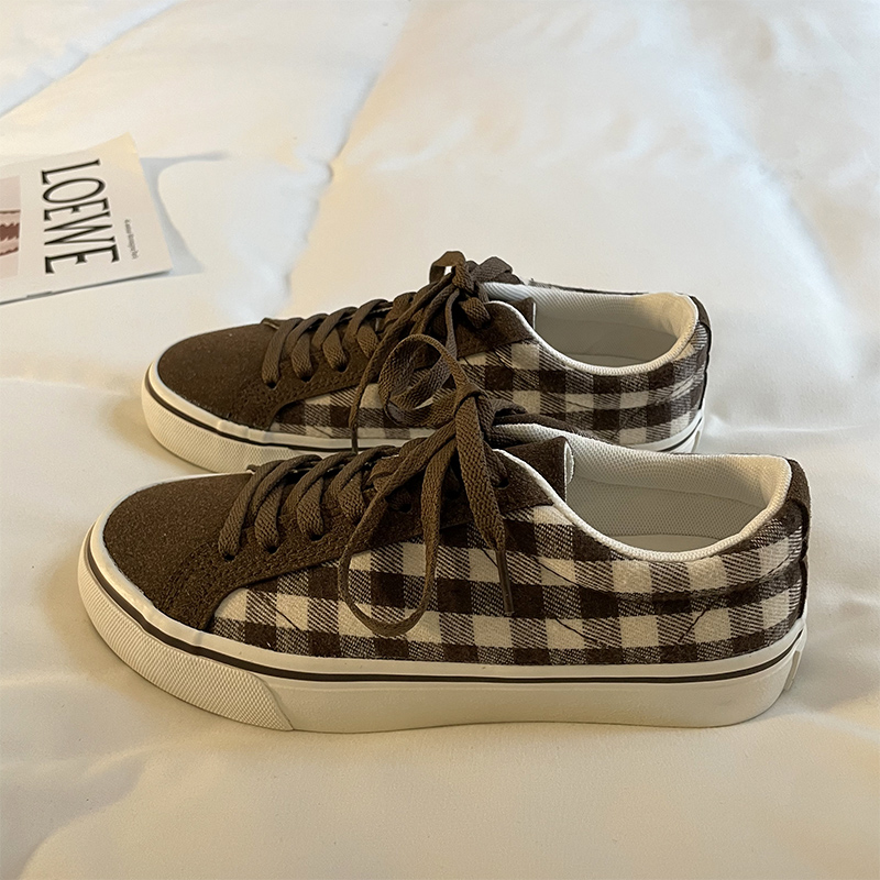 Square Fish Deer Harajuku Style Brown Plaid Canvas Shoes Women's 2023 New Arrival Retro Student Low Top Skate Shoes Instagram Style Trendy