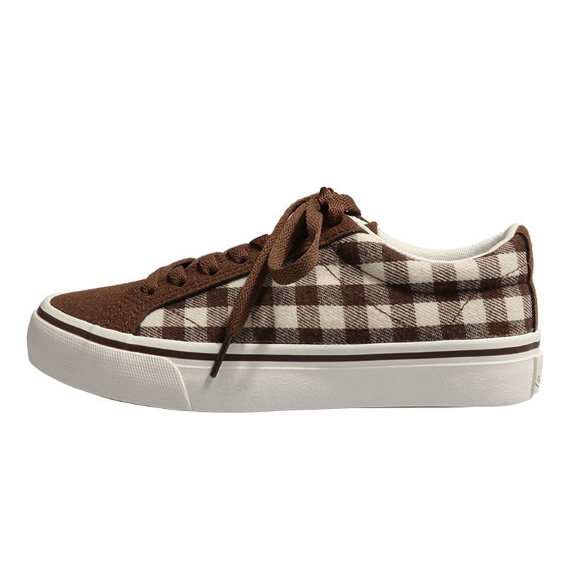 Square Fish Deer Harajuku Style Brown Plaid Canvas Shoes Women's 2023 New Arrival Retro Student Low Top Skate Shoes Instagram Style Trendy