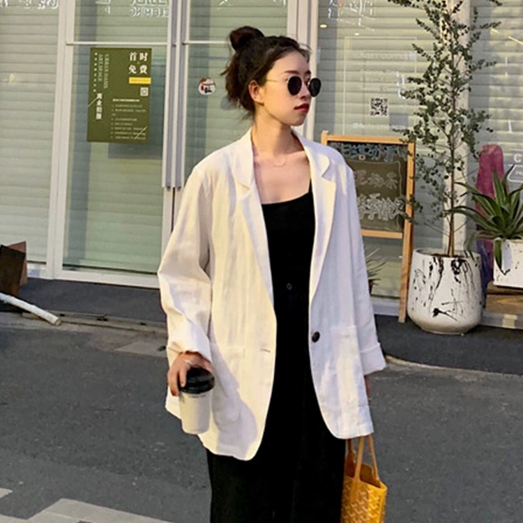 2020 mới phong cách Hàn Quốc giản dị Hồng Kông phong cách cotton lỏng và lanh mỏng phần nhỏ phù hợp với áo khoác dài phù hợp với quần áo nữ - Business Suit