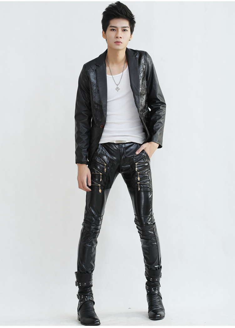 Stylish Mens boys zipper skinny PU leather pants punk casual long ...
