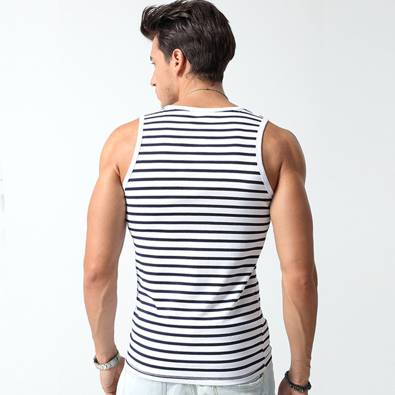 纯棉透气针织海军黑白条纹背心男弹力紧身运动吸汗休闲学生潮夏