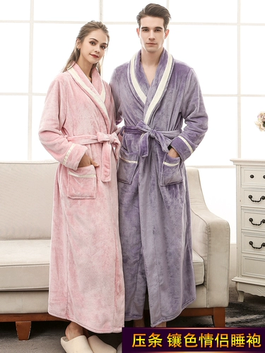Демисезонный длинный банный халат, фланелевая коралловая бархатная удерживающая тепло пижама, для влюбленных, длина макси, увеличенная толщина, большой размер